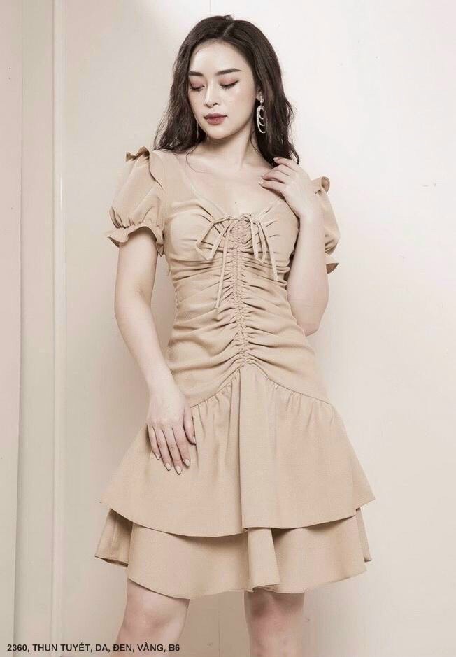 Đầm Tay Ngắn Thắt Nơ Cổ Dún - DN 2360